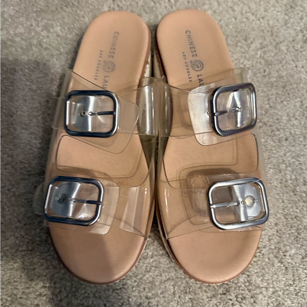 Chinese Laundry Clear Sandals with Silver Buckles